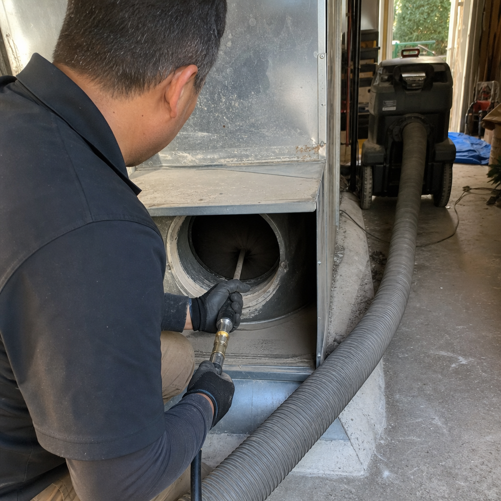 professional technician performing residential air duct cleaning service