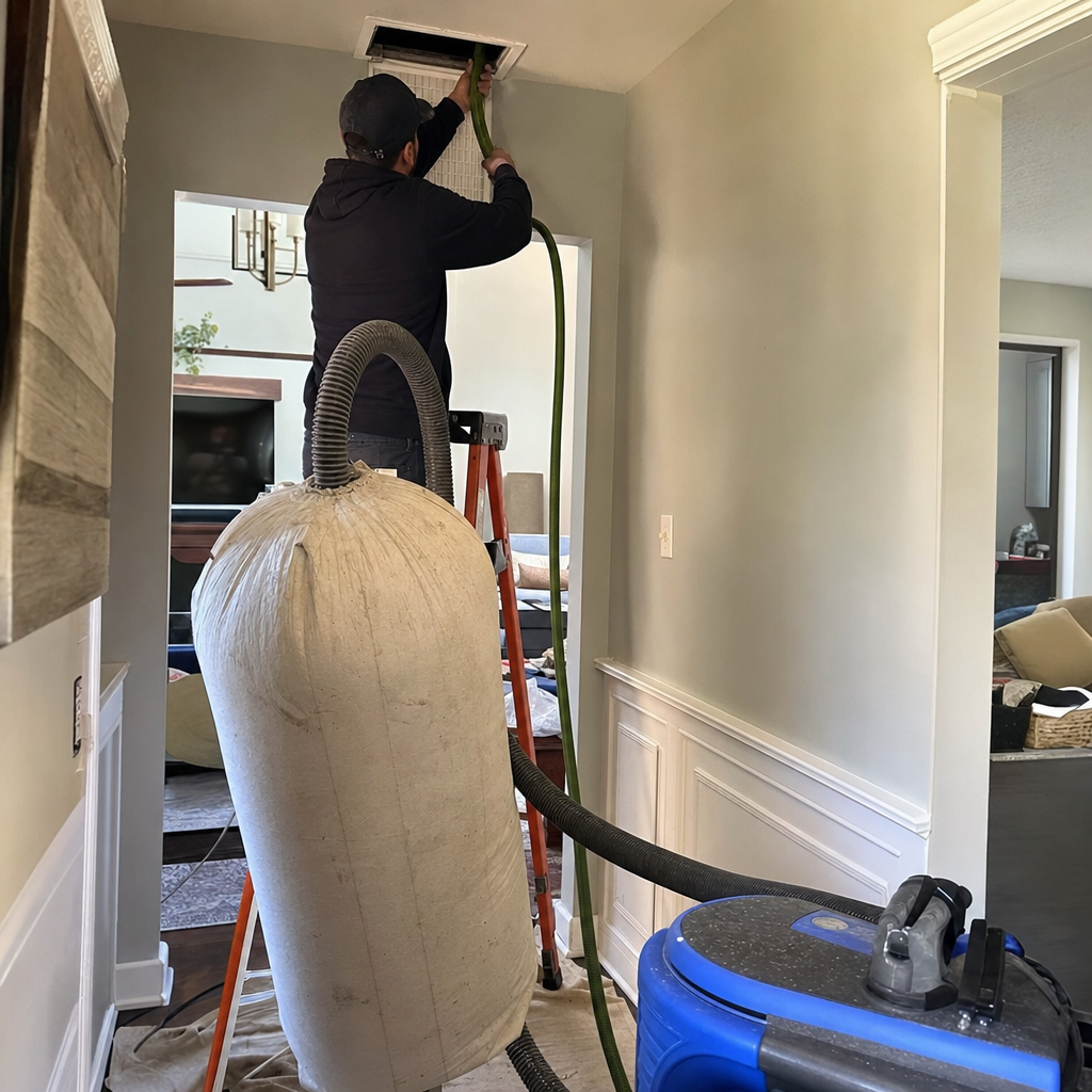 Technician using professional vacuum equipment for residential air duct cleaning