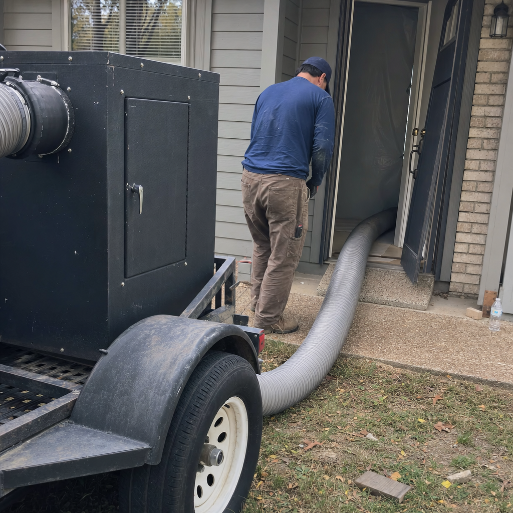 Technician using professional truck-mounted vacuum for residential air duct cleaning service