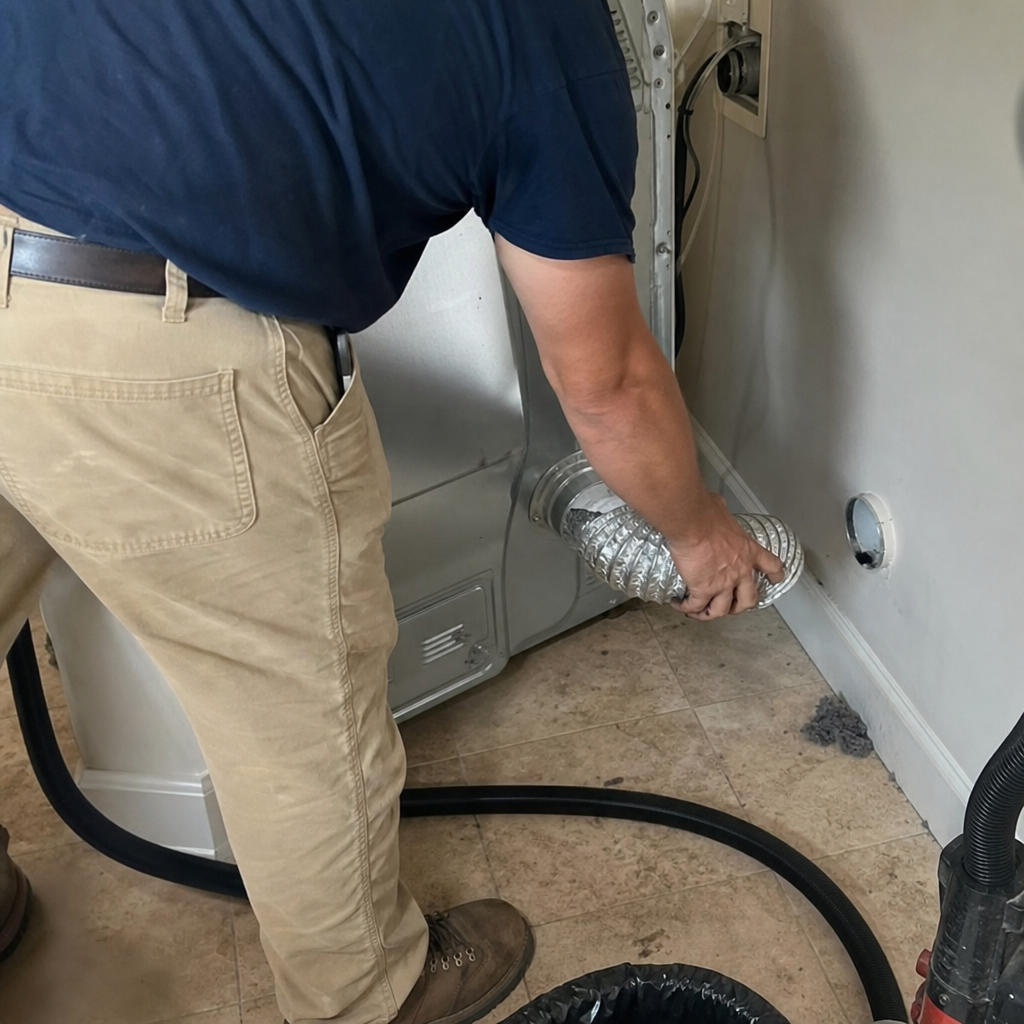 Professional dryer vent cleaning service technician performing maintenance on a clothes dryer.