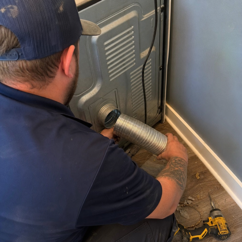 Technician connecting a flexible metal duct to a residential clothes dryer