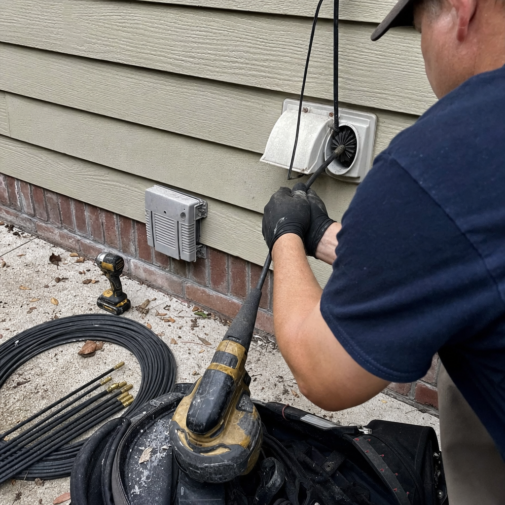 Technician performing professional dryer vent cleaning service with rotating brush tool