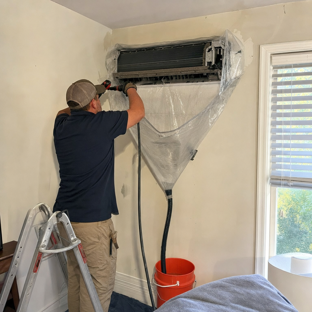 Technician performing professional ductless mini-split HVAC system cleaning