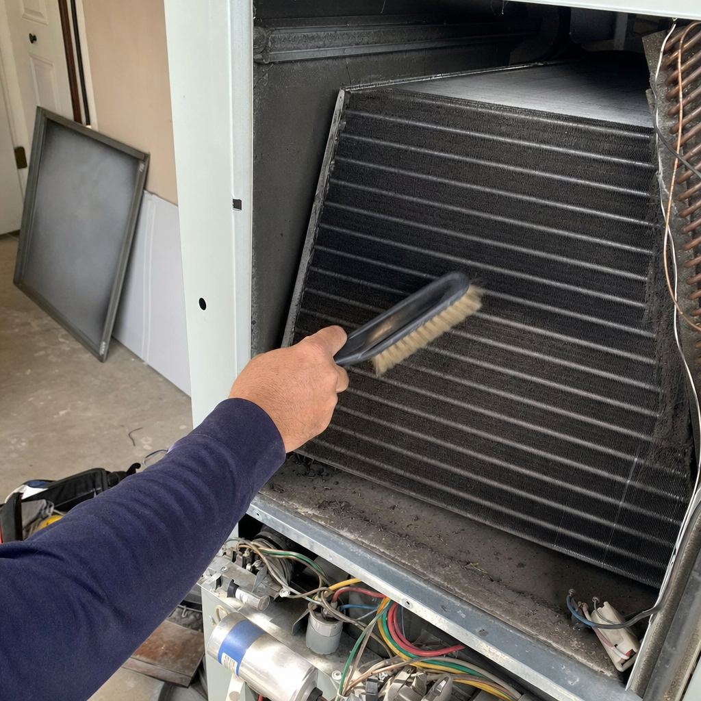 Technician performing professional HVAC coil cleaning and maintenance