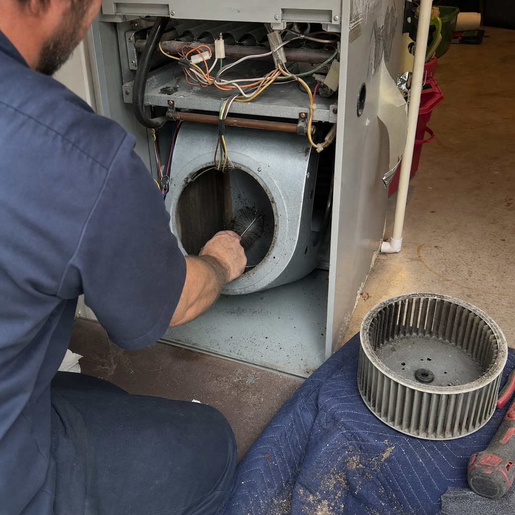 Technician performing professional HVAC system cleaning and blower fan maintenance