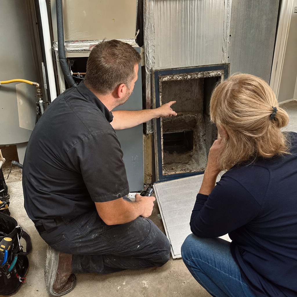 HVAC technician showing a homeowner the interior of an air duct in Tennessee, TN
