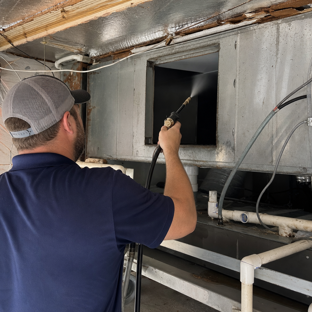 HVAC technician sanitizing air handler system with professional cleaning equipment in Tennessee, TN