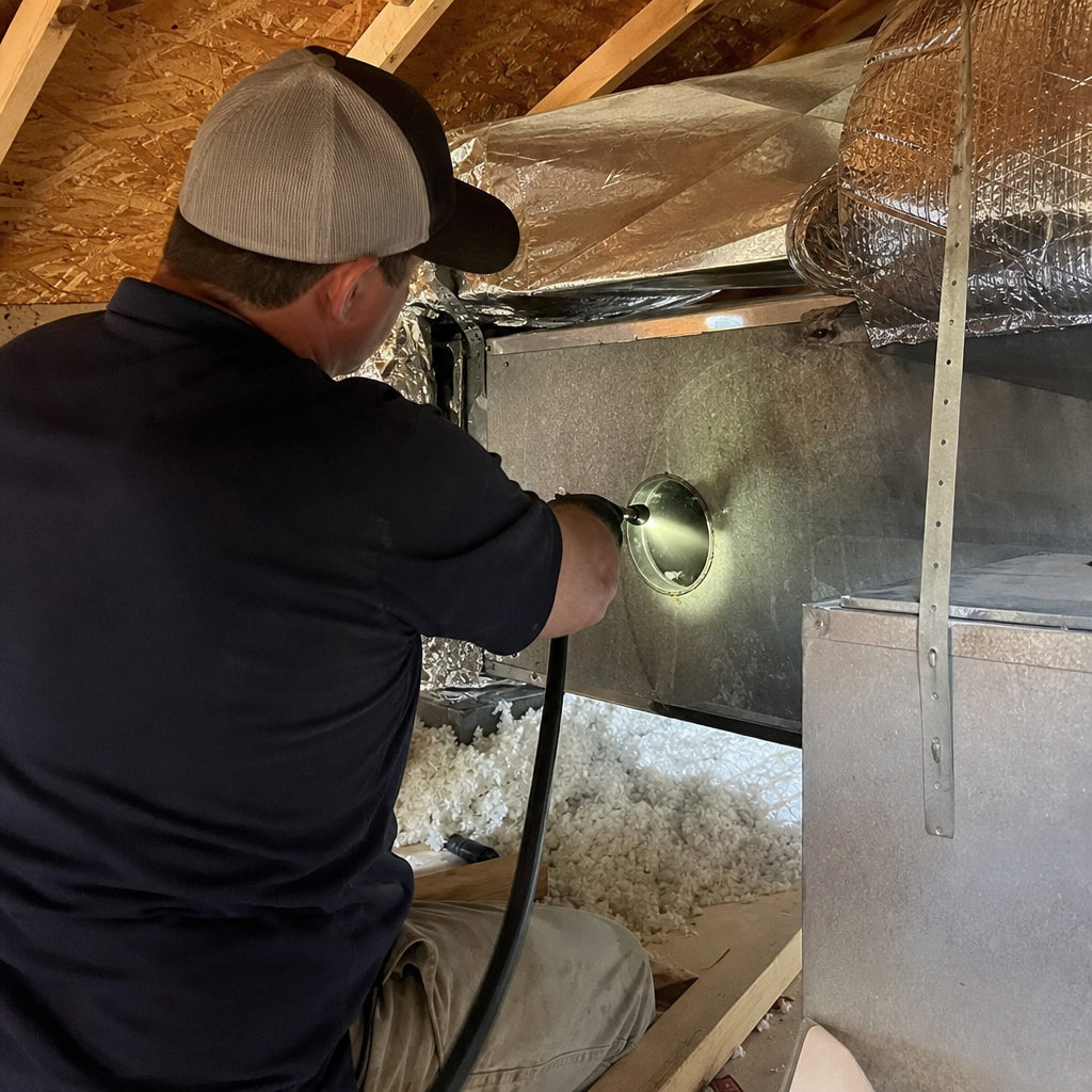 Technician performing professional air quality and duct sanitizing service in Tennessee, TN