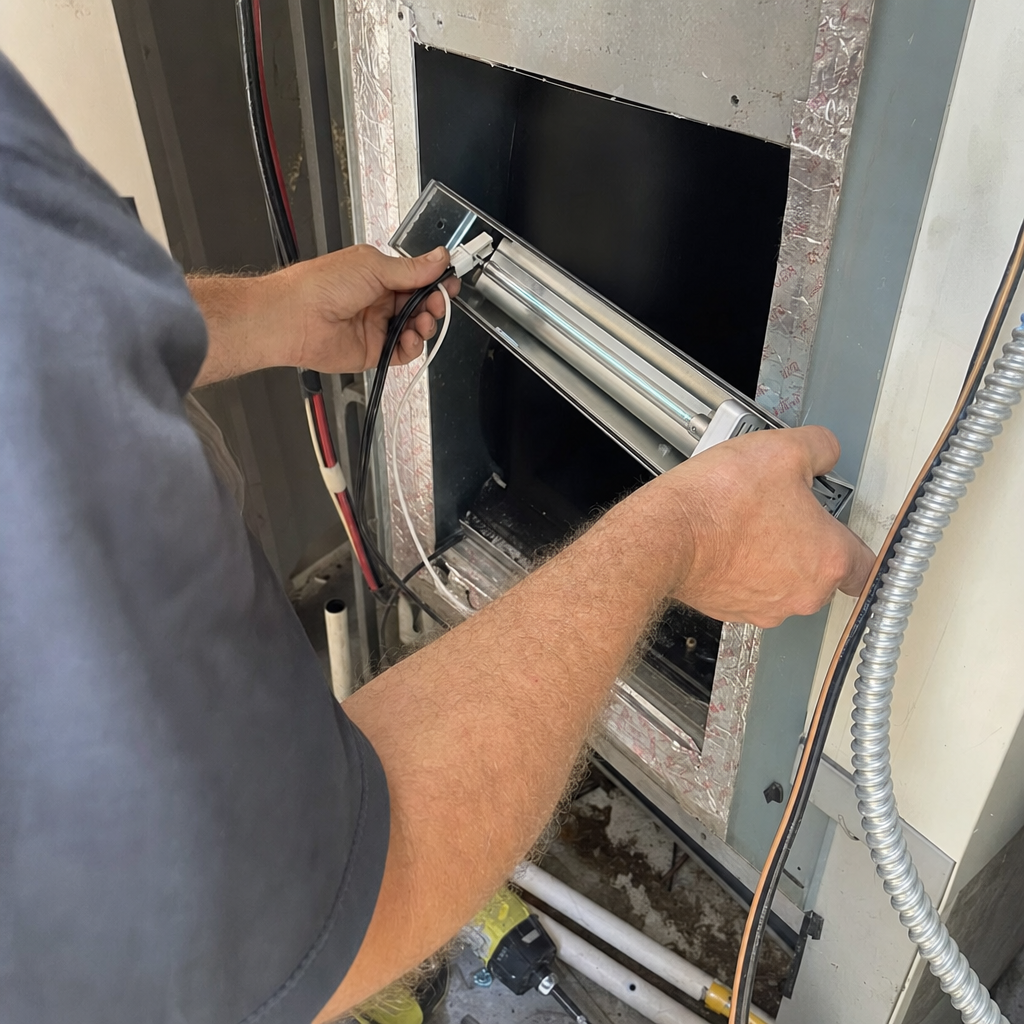 HVAC technician installing a UV light air purification system in Springfield, TN