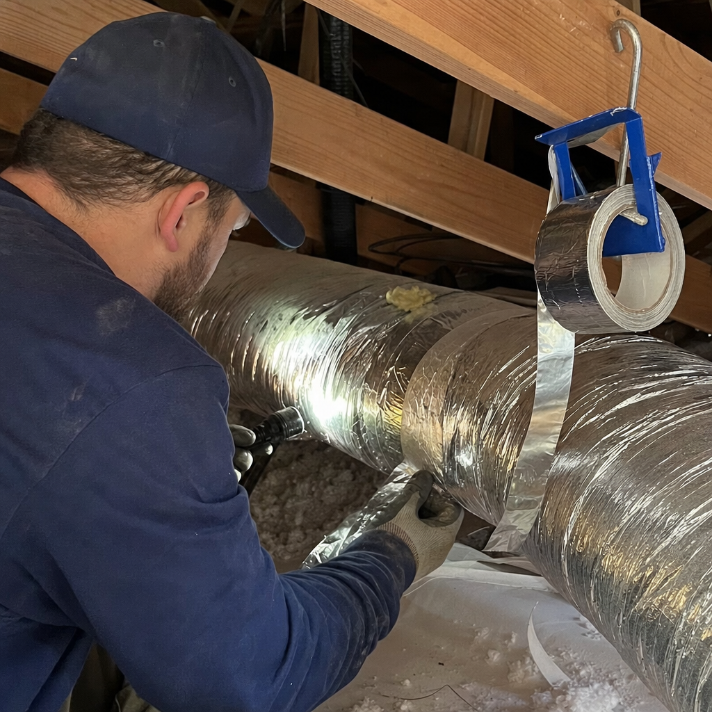 Technician performing professional air duct repair and sealing in an attic in Tennessee, TN